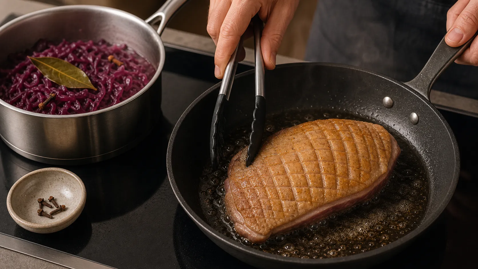 Goose breast with scored skin renders in the pan while red cabbage braises with bay leaf and cloves alongside