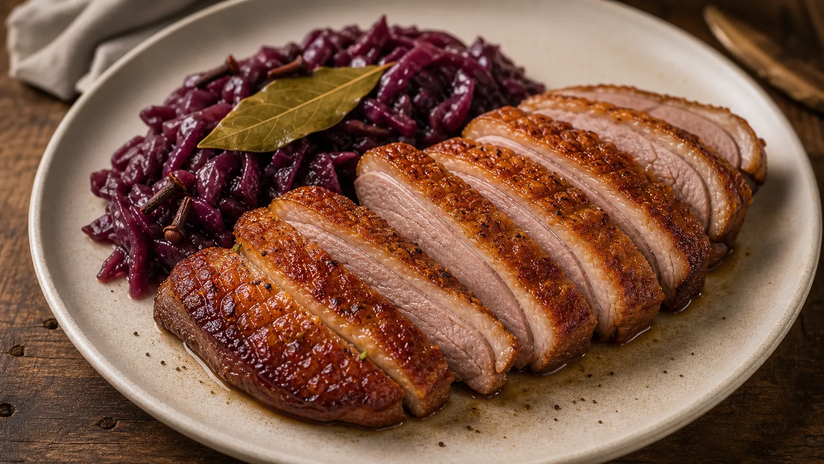 Keto goose breast with crispy skin and braised red cabbage, no potato side