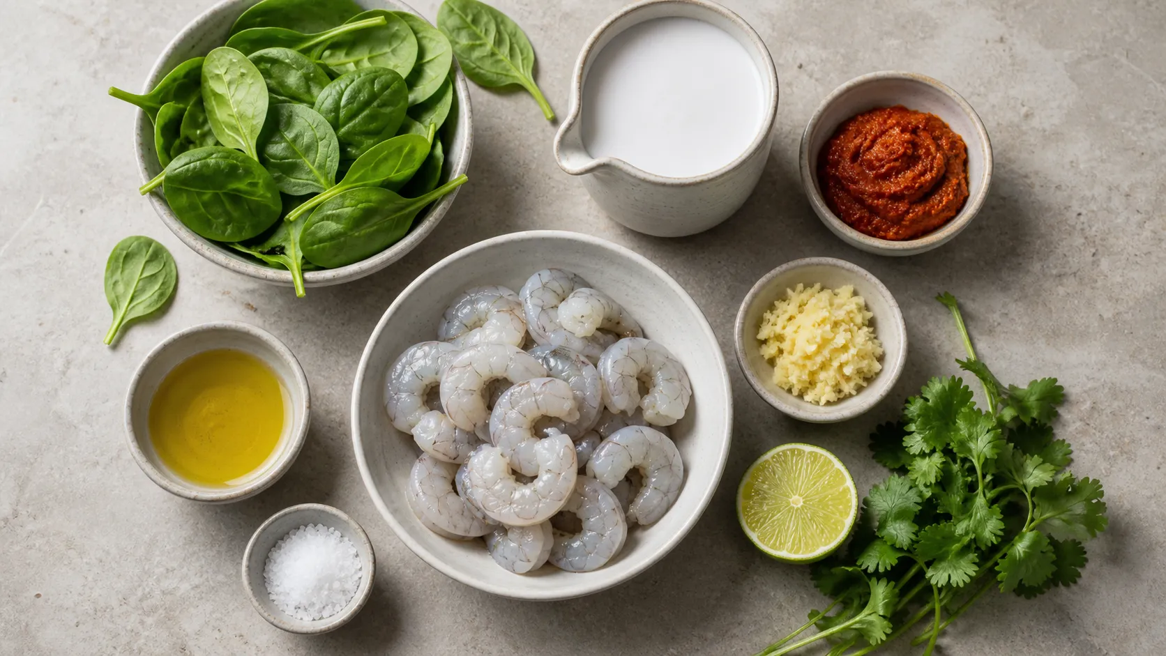 Ingredients for keto shrimp coconut curry with shrimp, coconut milk, red curry paste, baby spinach, ginger and lime