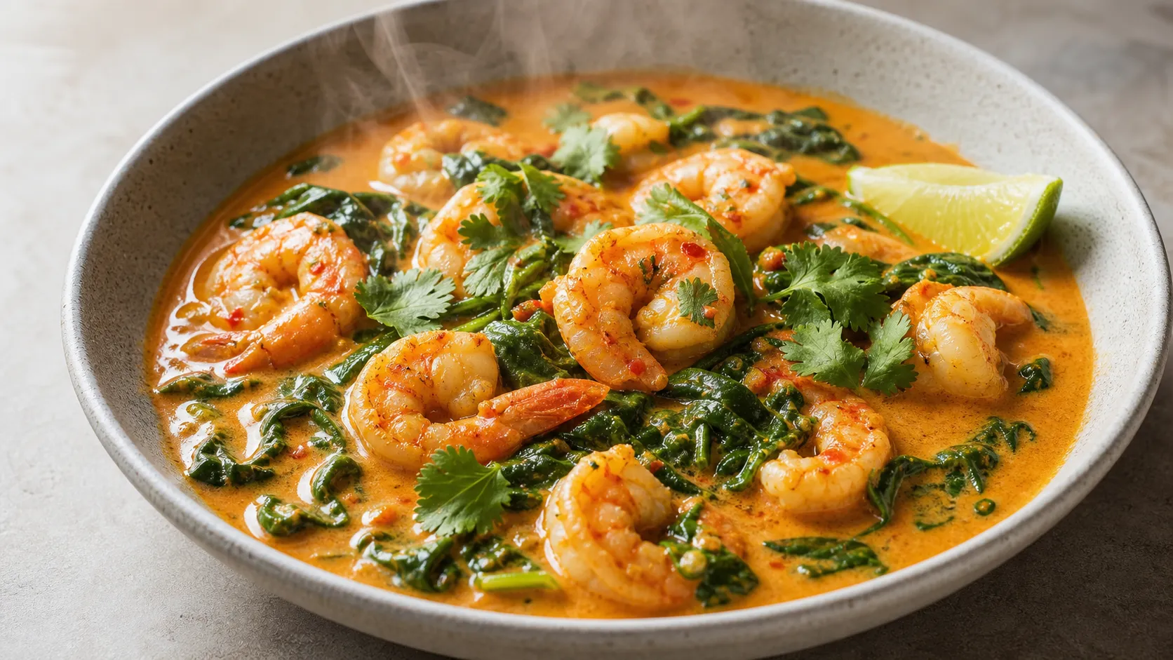 Keto shrimp coconut curry with baby spinach, red curry paste, lime and cilantro