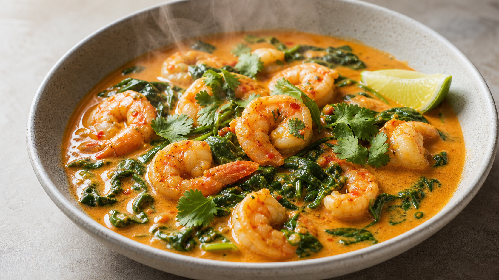 Keto shrimp coconut curry with baby spinach, red curry paste, lime and cilantro