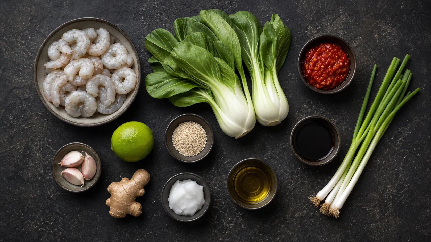 Flat-lay of ingredients for keto sambal shrimp with bok choy, ginger, garlic and sesame oil