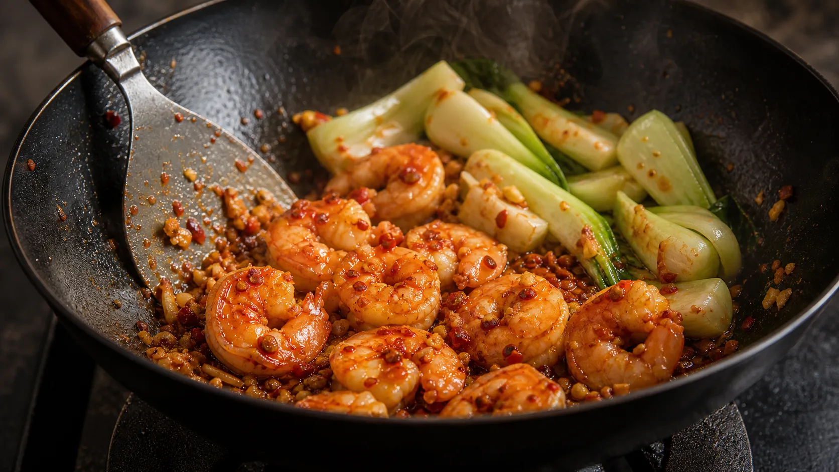 Shrimp searing in a hot wok with sambal oelek, ginger and bok choy