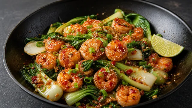Finished keto shrimp with sambal oelek, bok choy, sesame seeds and lime