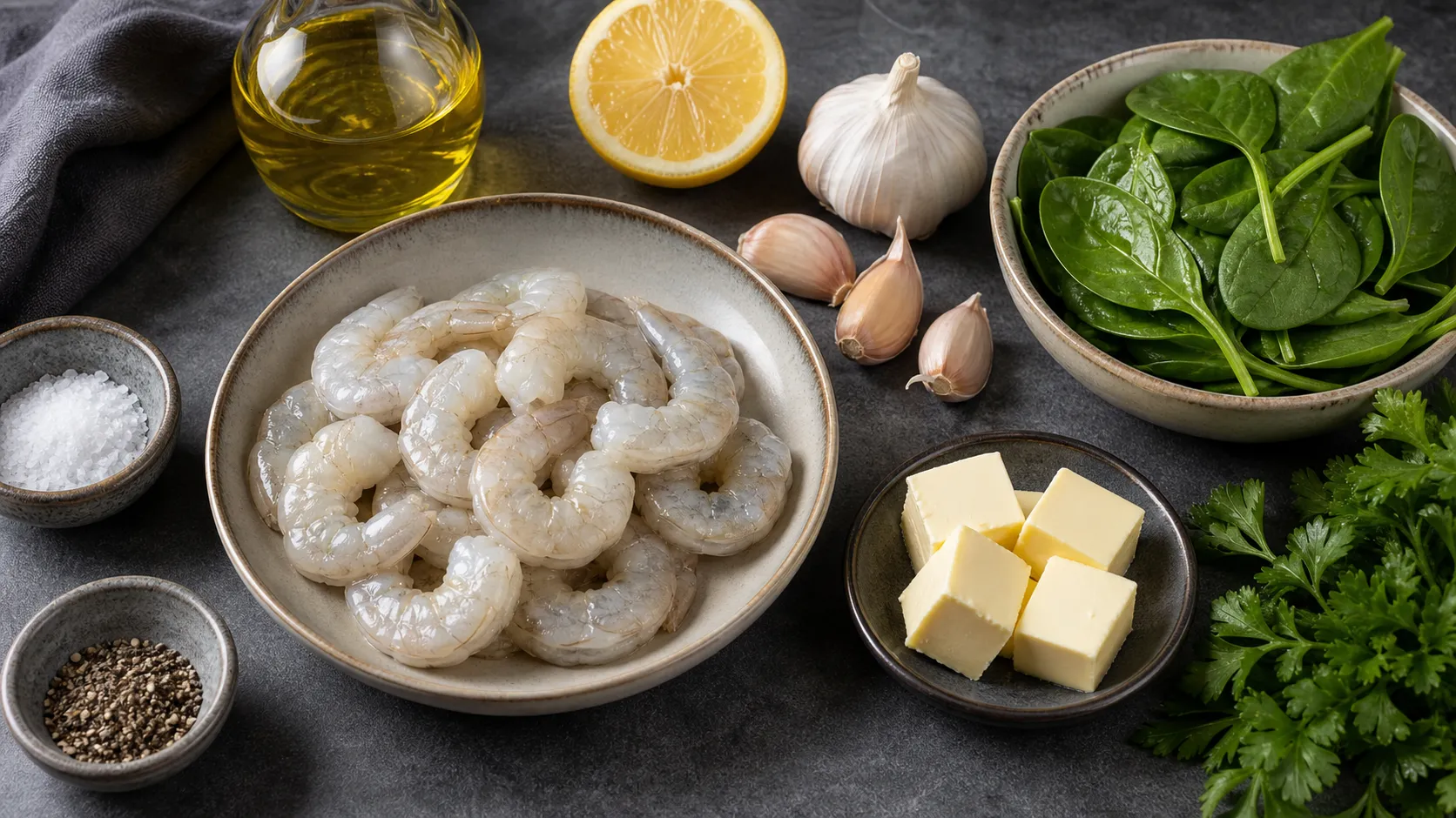 Ingredients for keto shrimp scampi: peeled shrimp, butter, garlic, lemon, parsley, baby spinach and olive oil