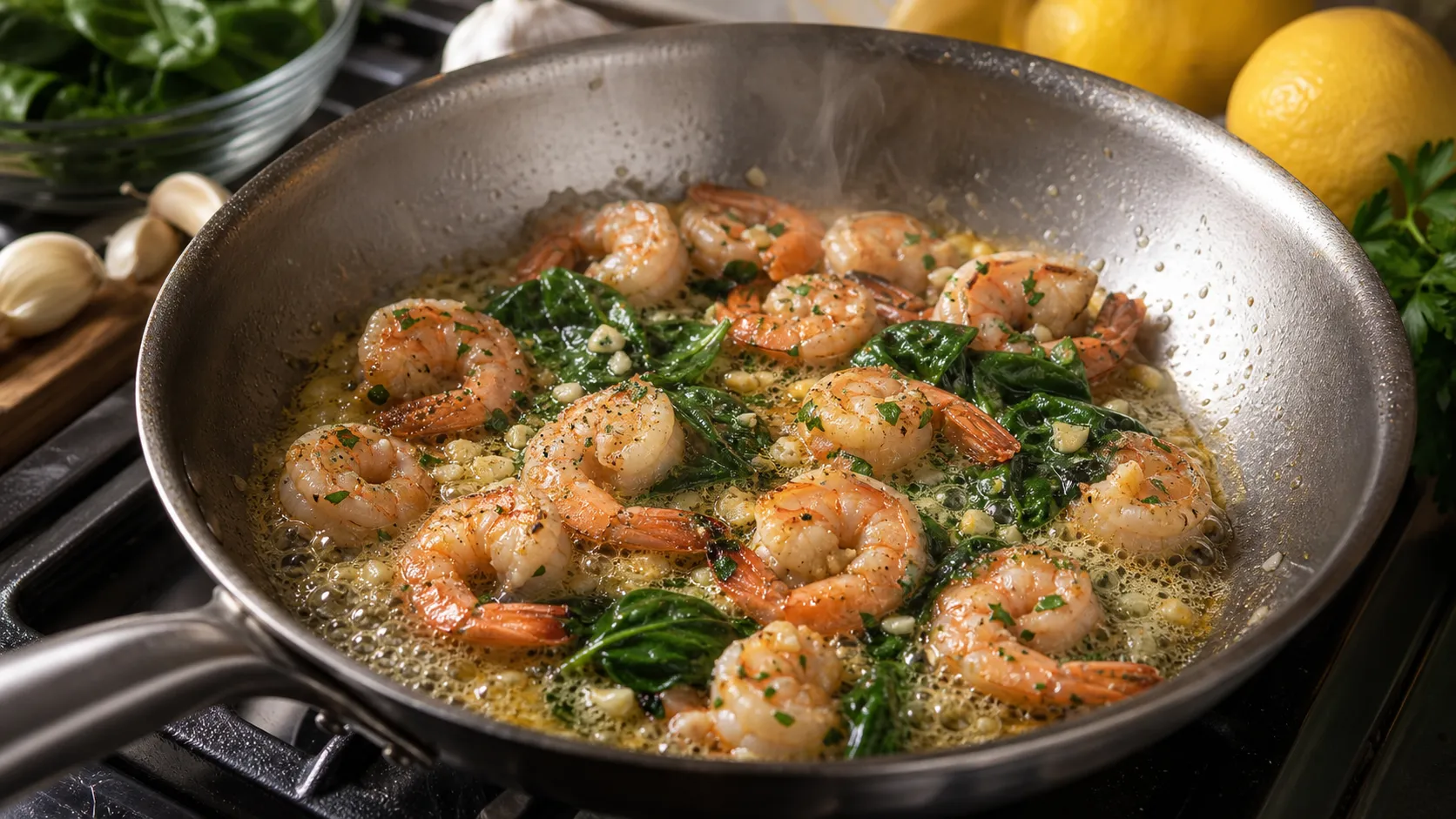 Shrimp being tossed in foaming garlic butter with lemon juice in a hot skillet