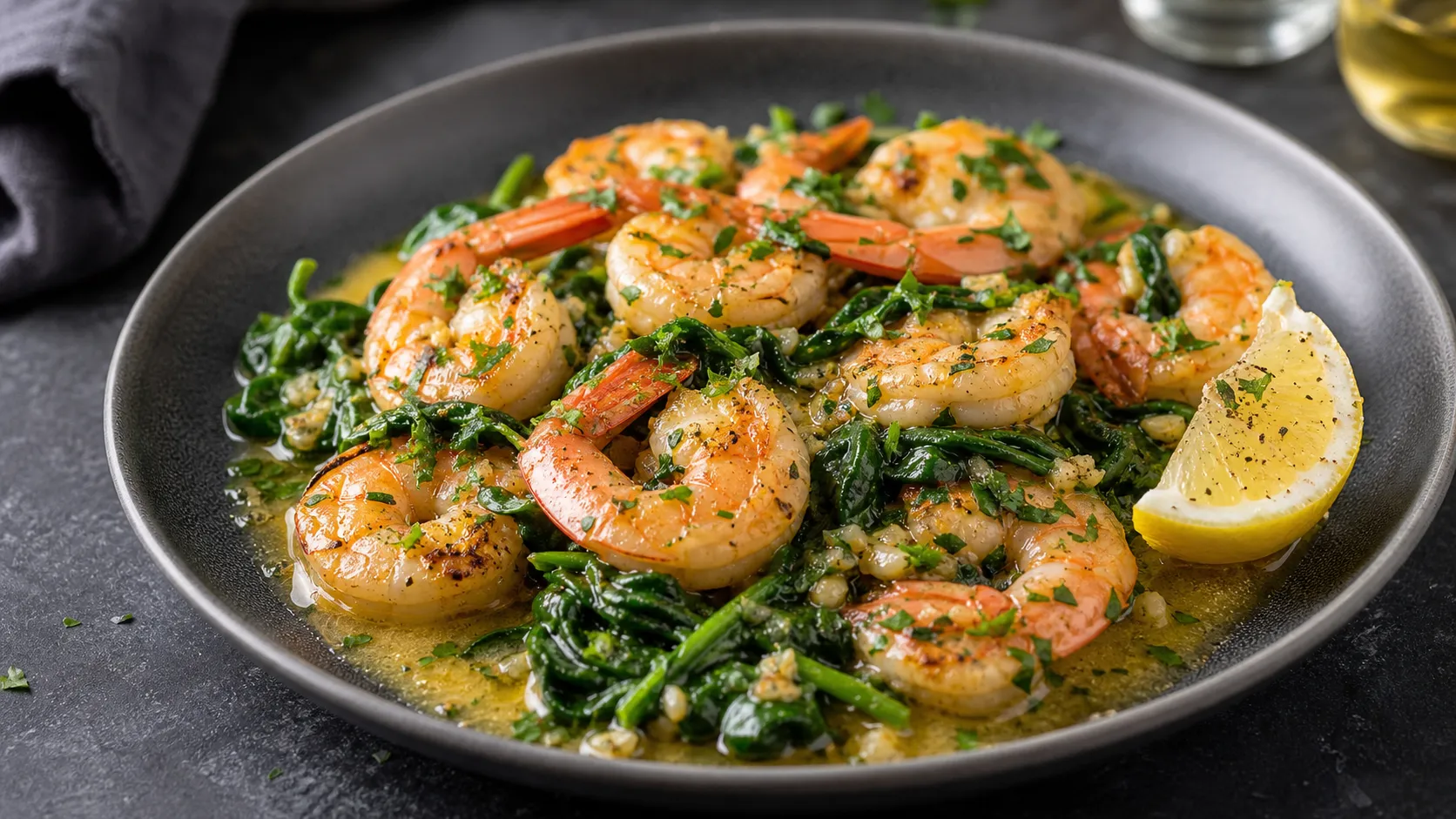 Keto shrimp scampi in golden garlic butter with lemon slices, fresh parsley and baby spinach in a skillet