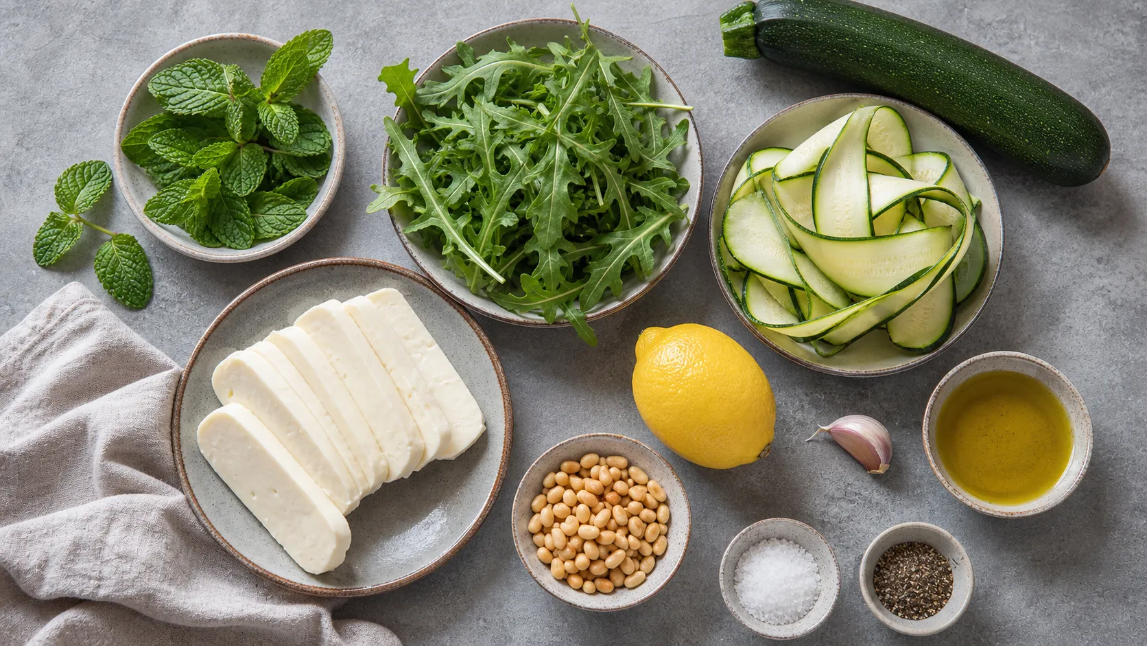 Ingredients for keto halloumi zucchini salad: halloumi, zucchini, arugula, mint, pine nuts and lemon