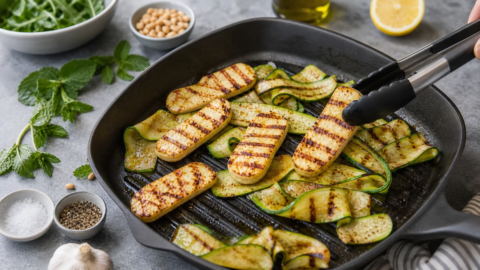 Halloumi slices and zucchini ribbons with grill marks in a hot grill pan