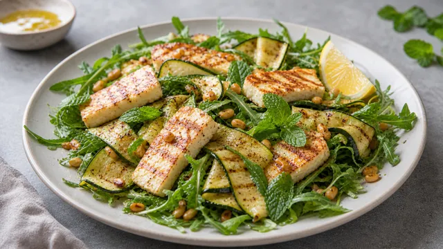 Keto salad with grilled halloumi, zucchini ribbons, arugula, mint and pine nuts on a plate