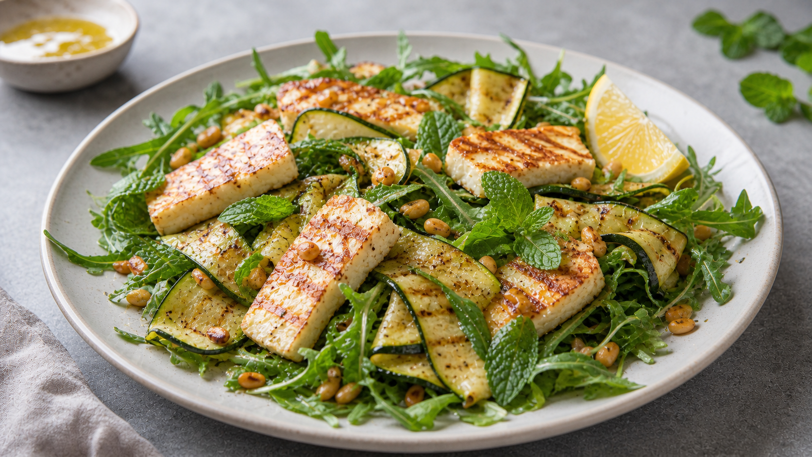 Keto salad with grilled halloumi, zucchini ribbons, arugula, mint and pine nuts on a plate