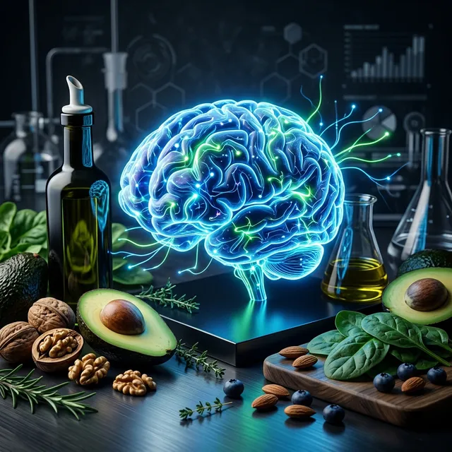 Stylized brain showing neural activity, surrounded by healthy keto foods such as avocados and olive oil.