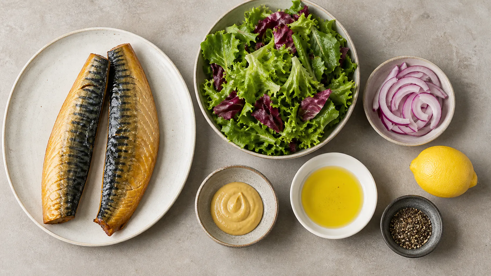 Ingredients for keto mackerel salad with smoked mackerel, leafy greens, red onion, Dijon mustard and lemon