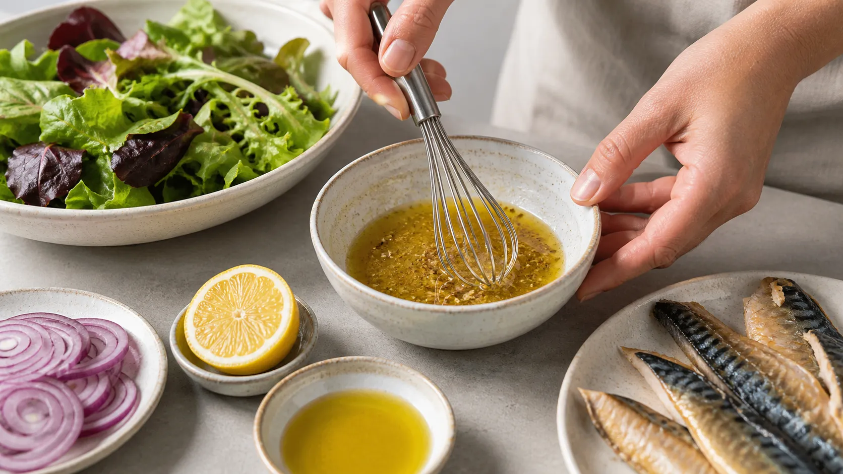 Mustard vinaigrette being whisked together for keto leafy salad with smoked mackerel