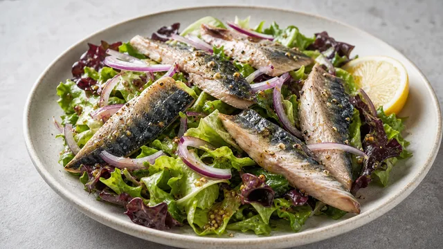 Keto leafy salad with smoked mackerel, red onion and mustard vinaigrette
