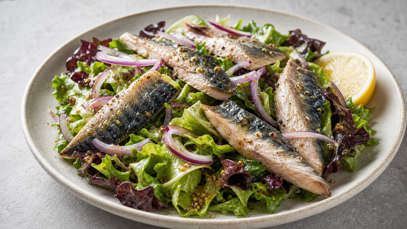 Keto leafy salad with smoked mackerel, red onion and mustard vinaigrette