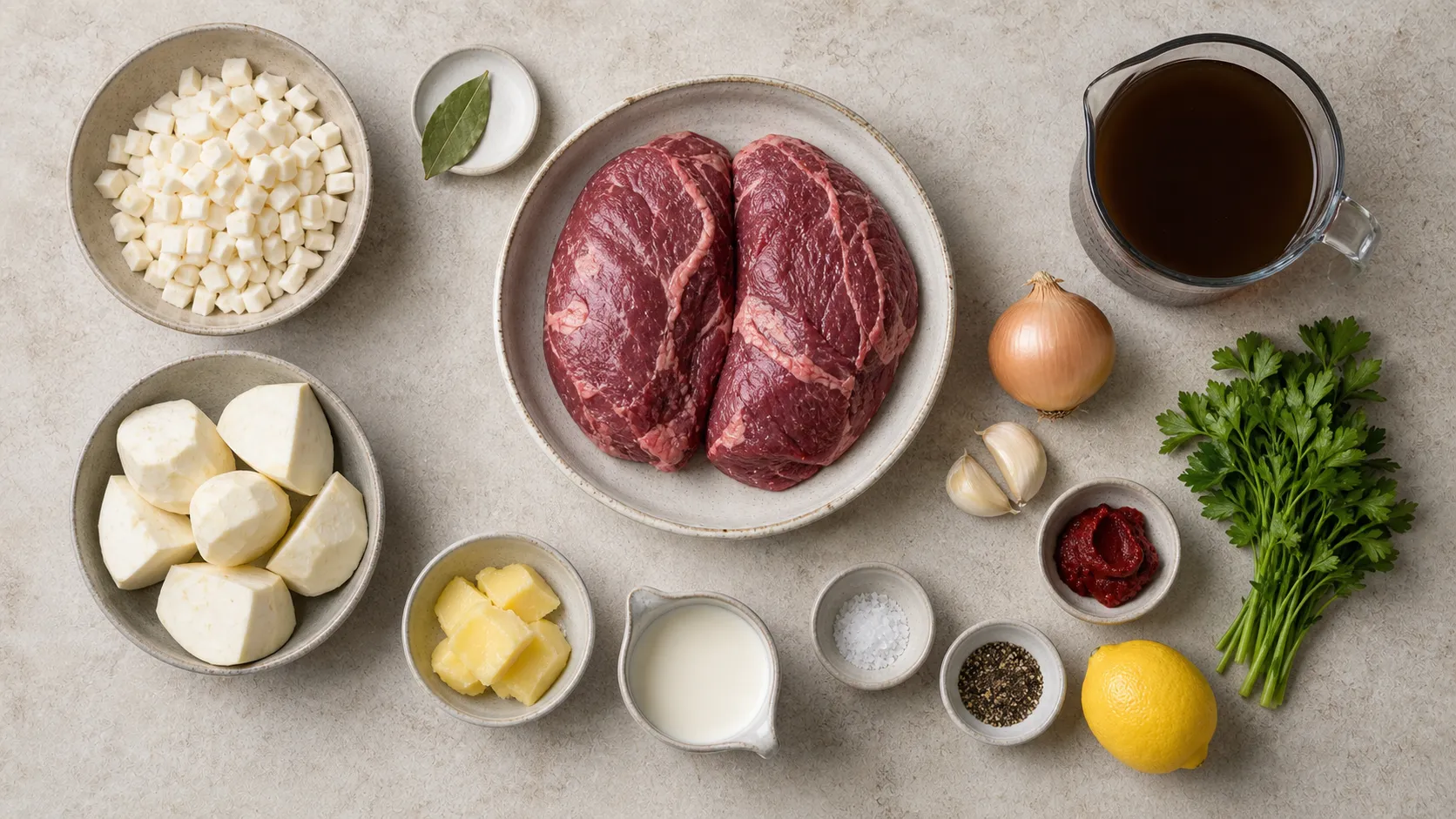 Ingredients for Keto Braised Ox Cheek with Celeriac Puree and Gremolata: 2 ox cheeks (approx. 900 g), 30 ml clarified butter, 120 g celeriac, diced, 60 g onion, diced, 2 garlic cloves, 1 tbsp tomato paste