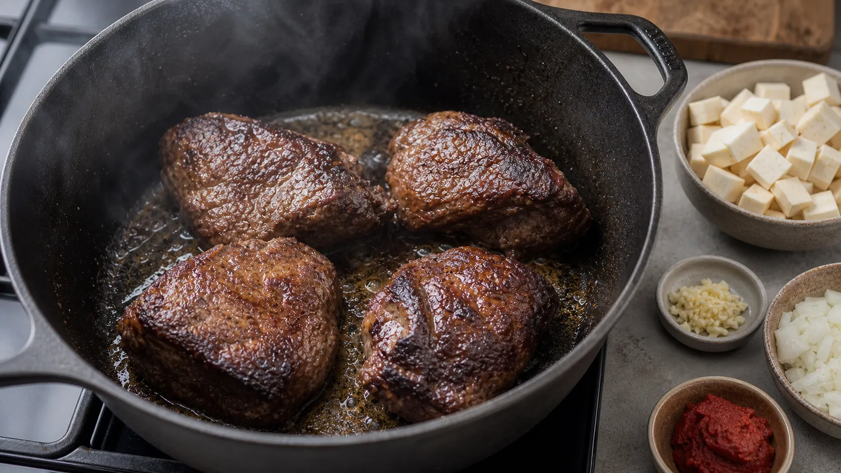 Preparation step for Keto Braised Ox Cheek with Celeriac Puree and Gremolata: Remove the meat. Roast the celeriac, onion and garlic in the pan drippings.