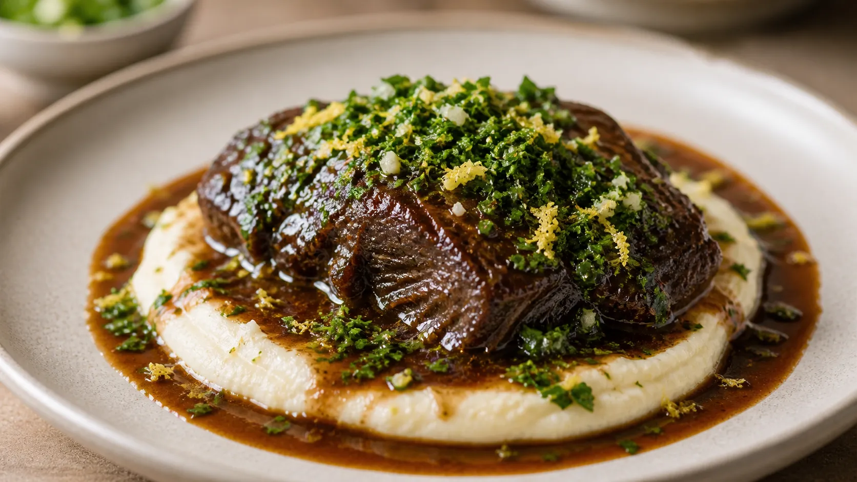 Braised keto ox cheek with celeriac puree, dark sauce and fresh gremolata on a plate