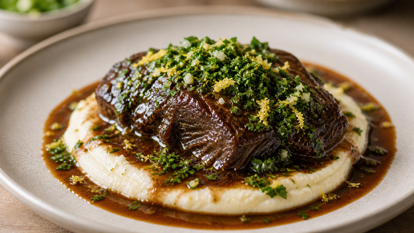 Braised keto ox cheek with celeriac puree, dark sauce and fresh gremolata on a plate