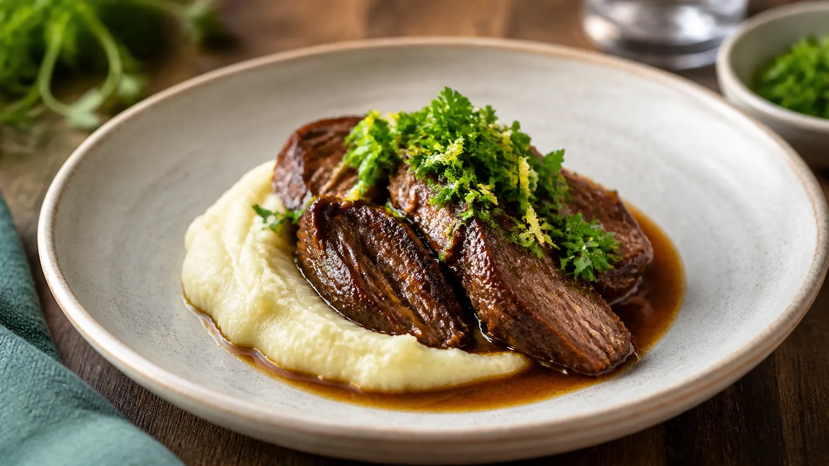 Braised keto ox cheek with celeriac puree, dark sauce and fresh gremolata on a plate