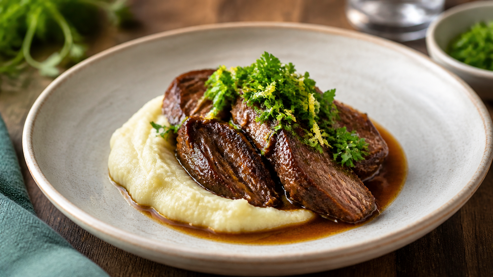 Braised keto ox cheek with celeriac puree, dark sauce and fresh gremolata on a plate