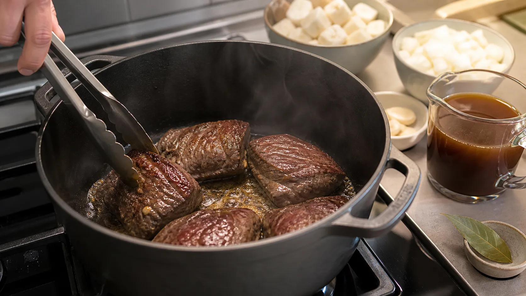 Ox cheeks being seared in a heavy braising pot