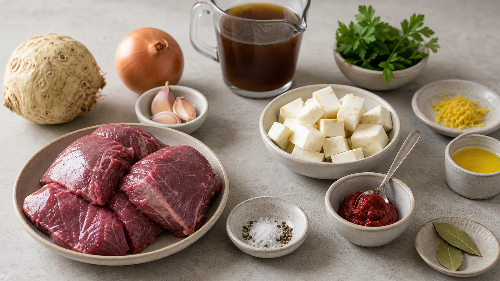 Raw ox cheeks, celeriac, onion, garlic, broth, lemon and parsley as ingredients