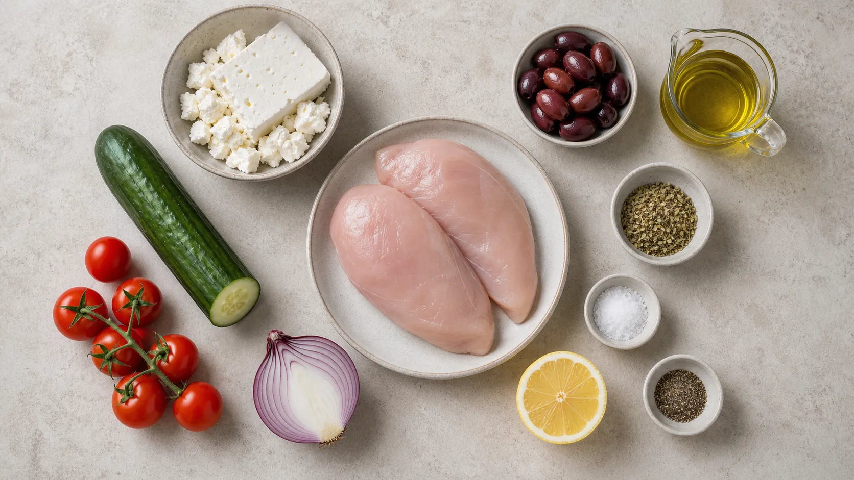 Ingredients for Keto Greek Salad with Chicken: 54 g Protein and 8 g Net Carbs: 180 g chicken breast, 80 g feta cheese, 100 g cucumber (half-moon slices), 80 g cherry tomatoes (halved), 30 g red onion (sliced into rings), 50 g kalamata olives (pitted or unpitted)
