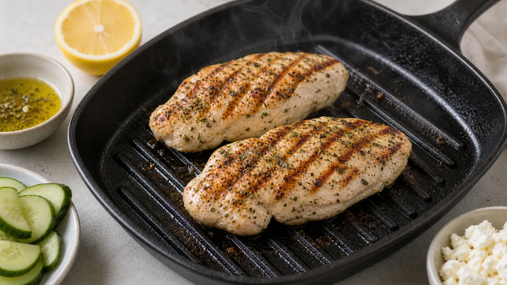Preparation step for Keto Greek Salad with Chicken: 54 g Protein and 8 g Net Carbs: Heat a grill pan over medium-high heat. Grill the chicken for 4 to 5 minutes per side until the inside is white and the core temperature reaches 75 °C. Take it out, let it rest for 3 minutes, then slice on the diagonal.