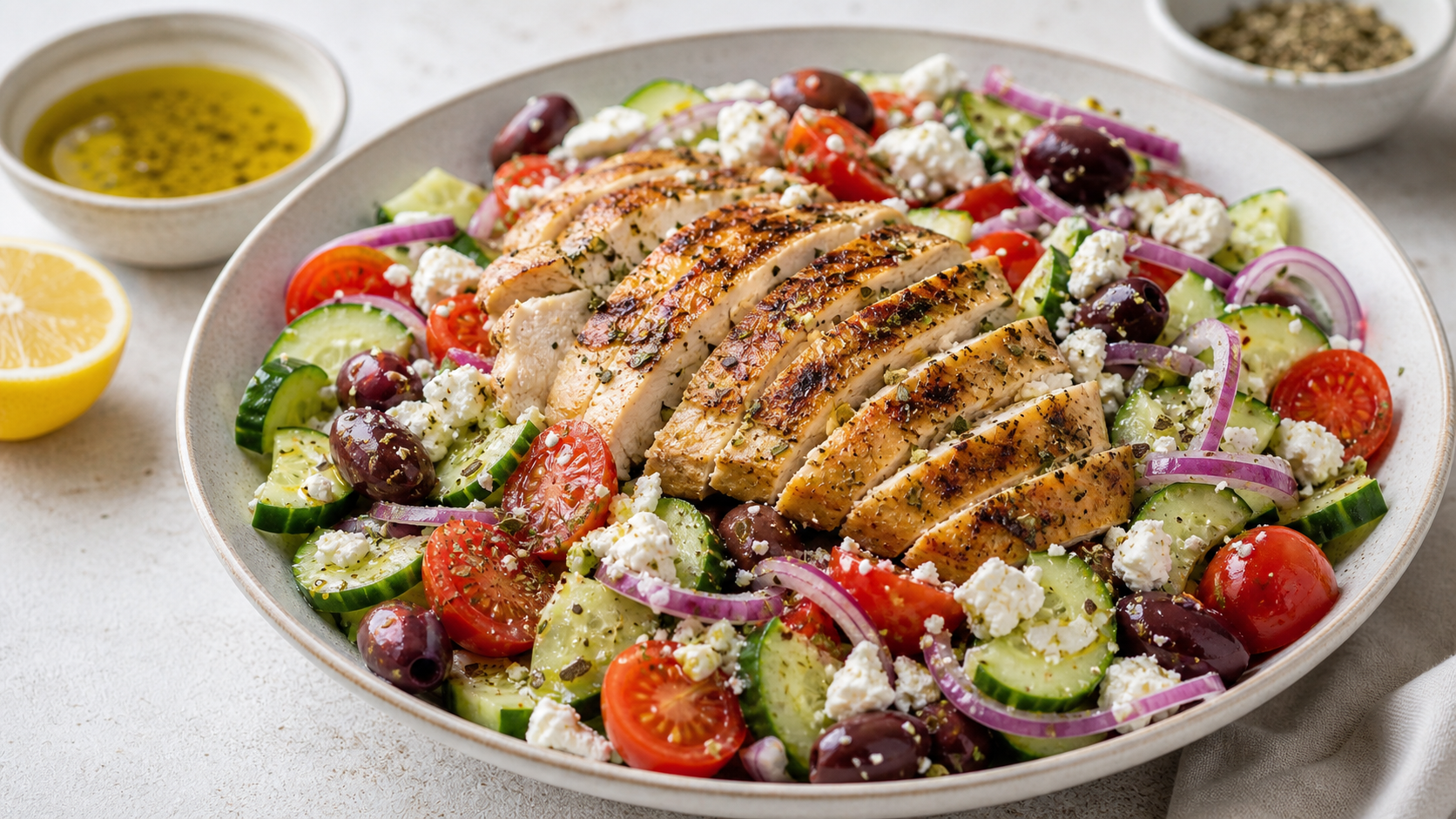 Keto Greek salad with grilled chicken, feta, olives, cucumber, and tomato in a large salad bowl