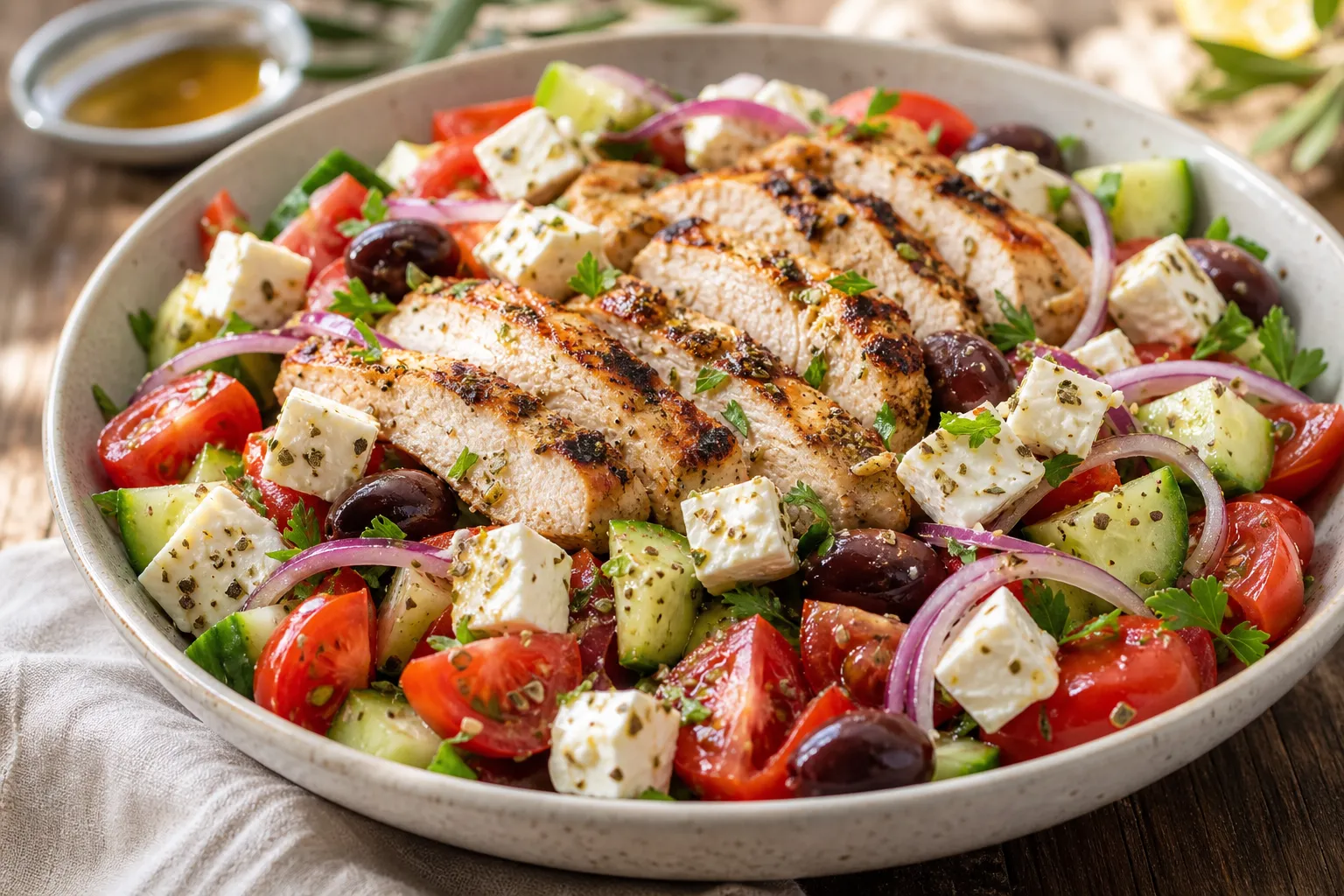 Keto Greek salad with grilled chicken, feta, olives, cucumber, and tomato in a large salad bowl