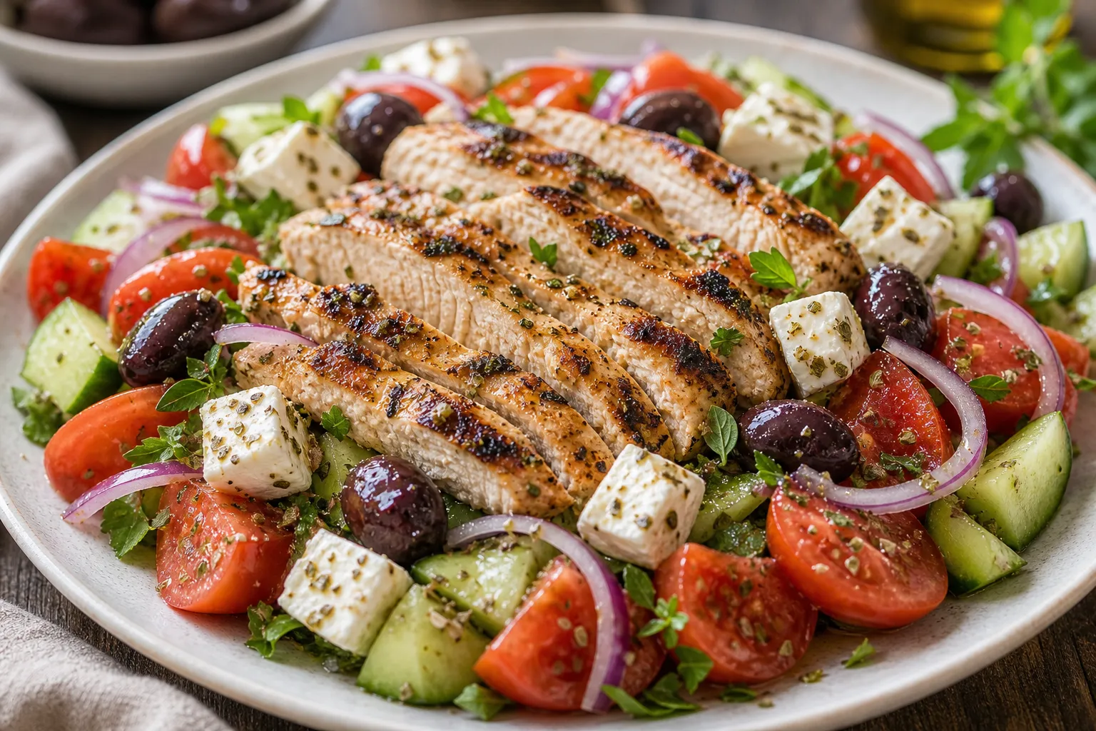 Plated keto Greek salad with sliced chicken arranged on top