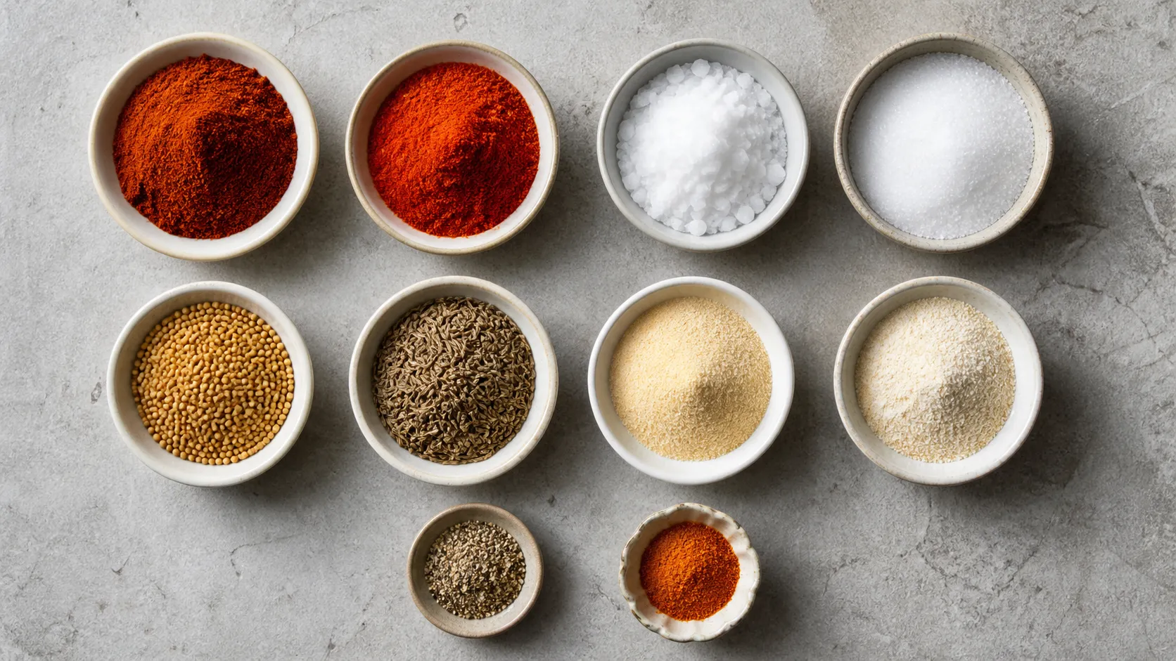 Ingredients for keto grill rub: smoked and sweet paprika powder, cumin, mustard seed, garlic powder, erythritol and sea salt