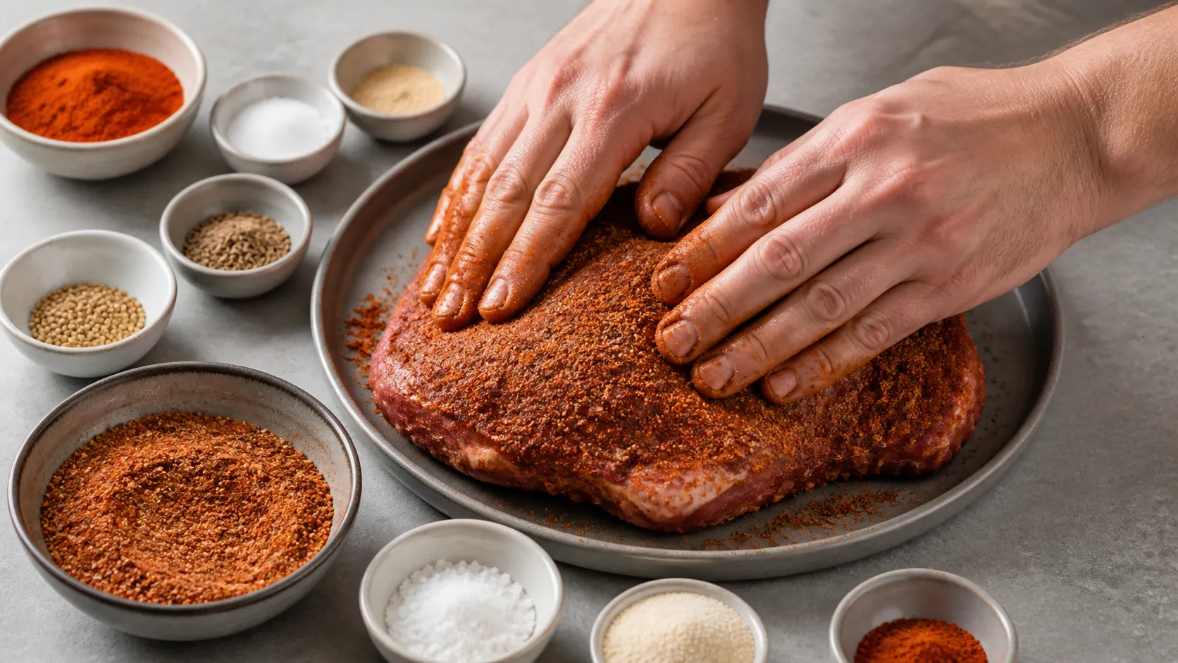A piece of meat being rubbed with the spice mix
