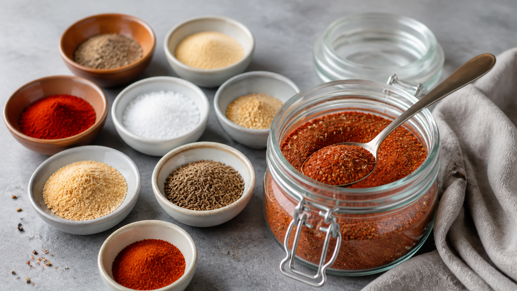 Keto grill rub as a deep red spice mix in a storage jar with a spoon