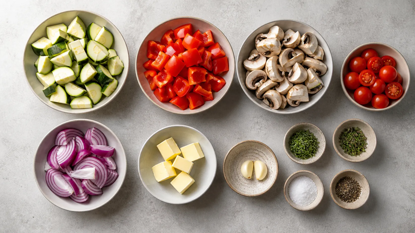 Ingredients for keto grilled vegetables: zucchini, red bell pepper, mushrooms, red onion, cherry tomatoes, butter, garlic and herbs