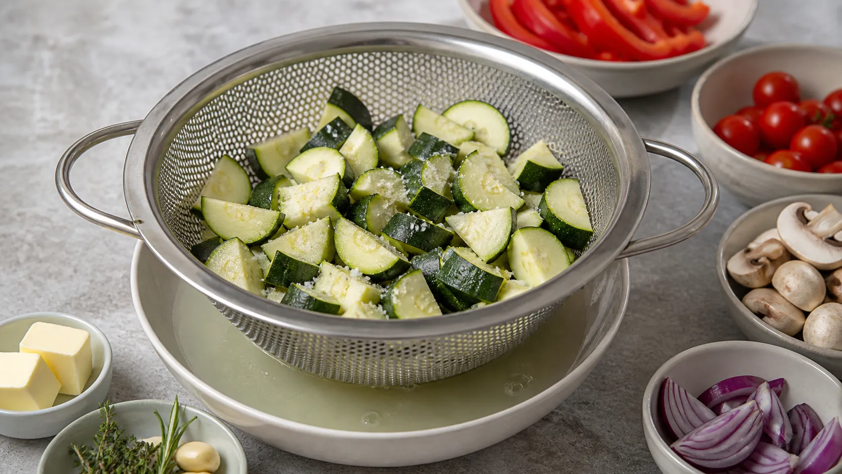 Salted zucchini pieces sitting in a sieve and releasing water