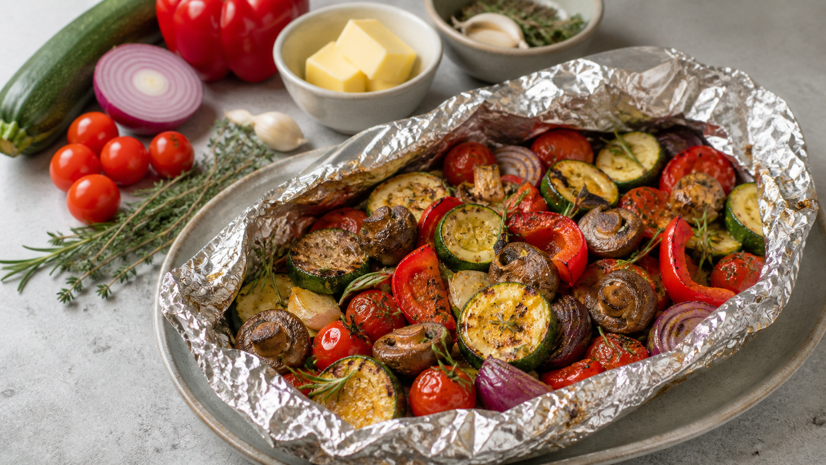 An opened foil packet of grilled keto vegetables with zucchini, bell pepper, mushrooms and cherry tomatoes