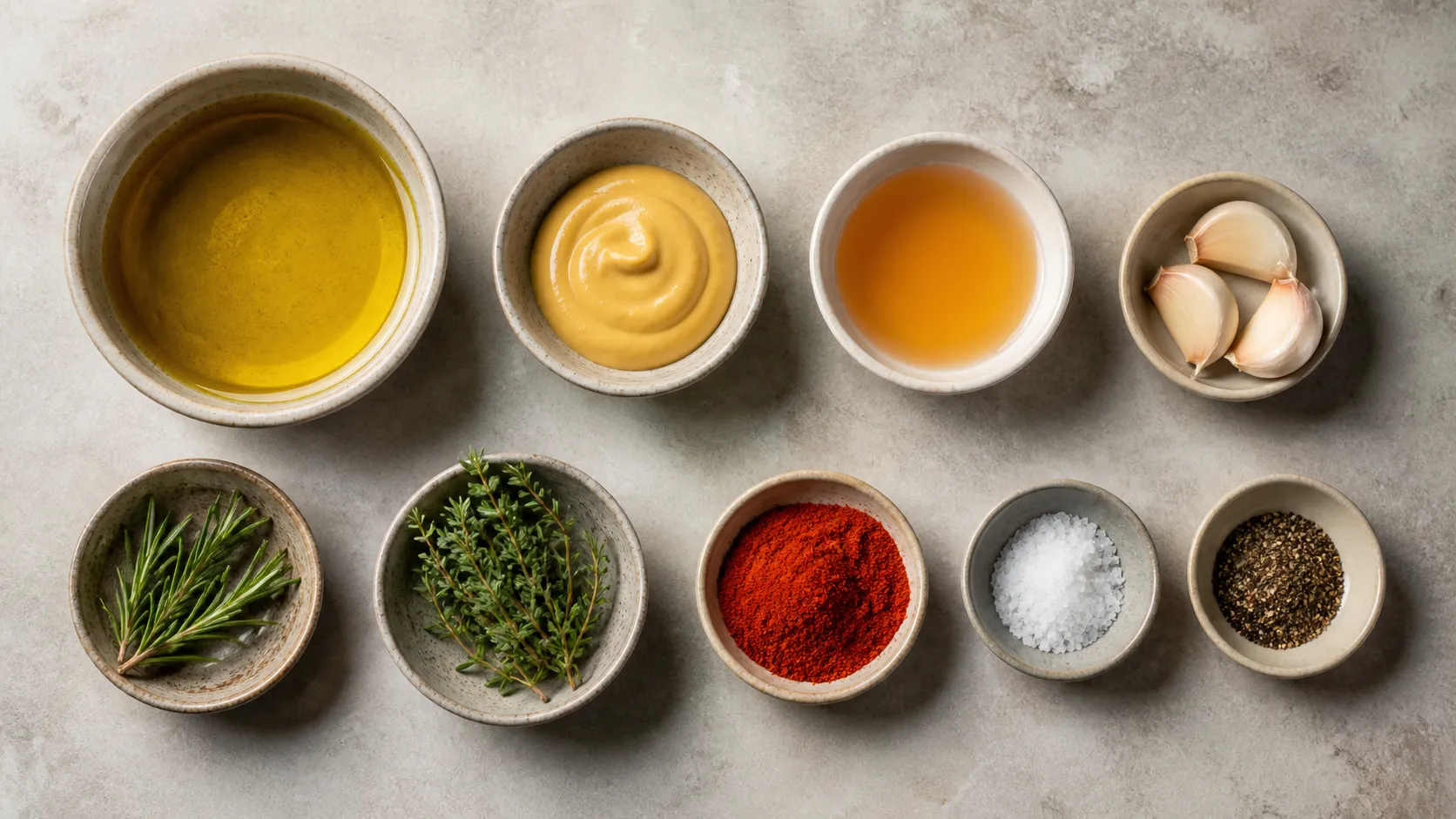 Ingredients for keto barbecue marinade: olive oil, Dijon mustard, cider vinegar, garlic cloves, rosemary, thyme and paprika powder