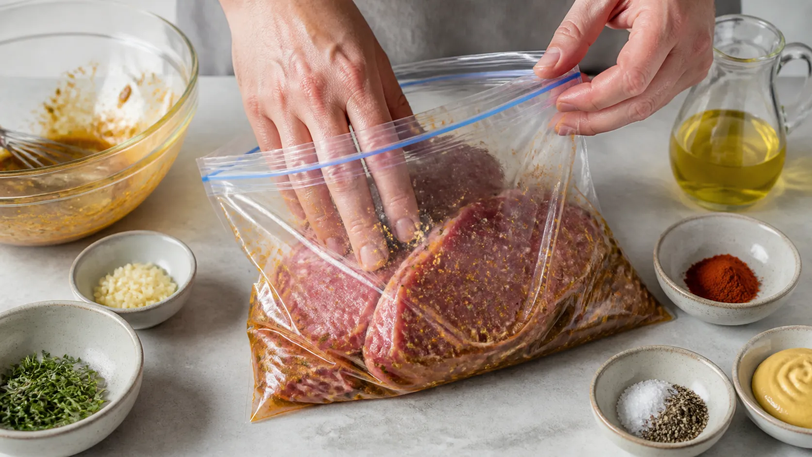 Pork neck steaks being coated with marinade inside a freezer bag