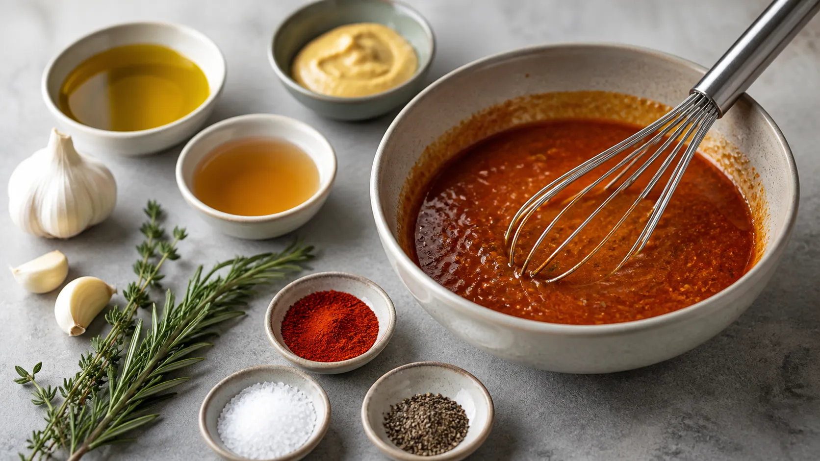 Keto barbecue marinade in a bowl with a whisk, next to rosemary, garlic and paprika powder