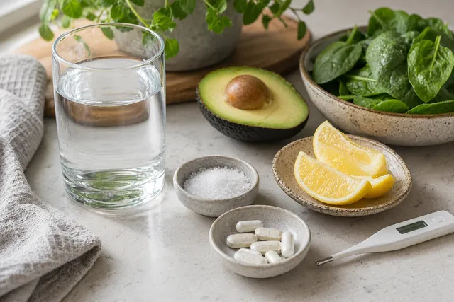 Glass water bottle, electrolyte tablets, leafy greens, and lemon on a bright kitchen table