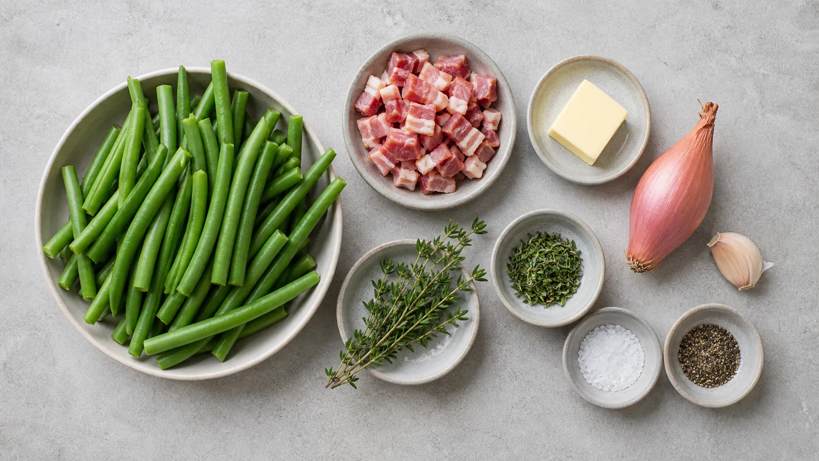 Ingredients for green beans with bacon: fresh beans, diced bacon, shallot, garlic, butter and savory