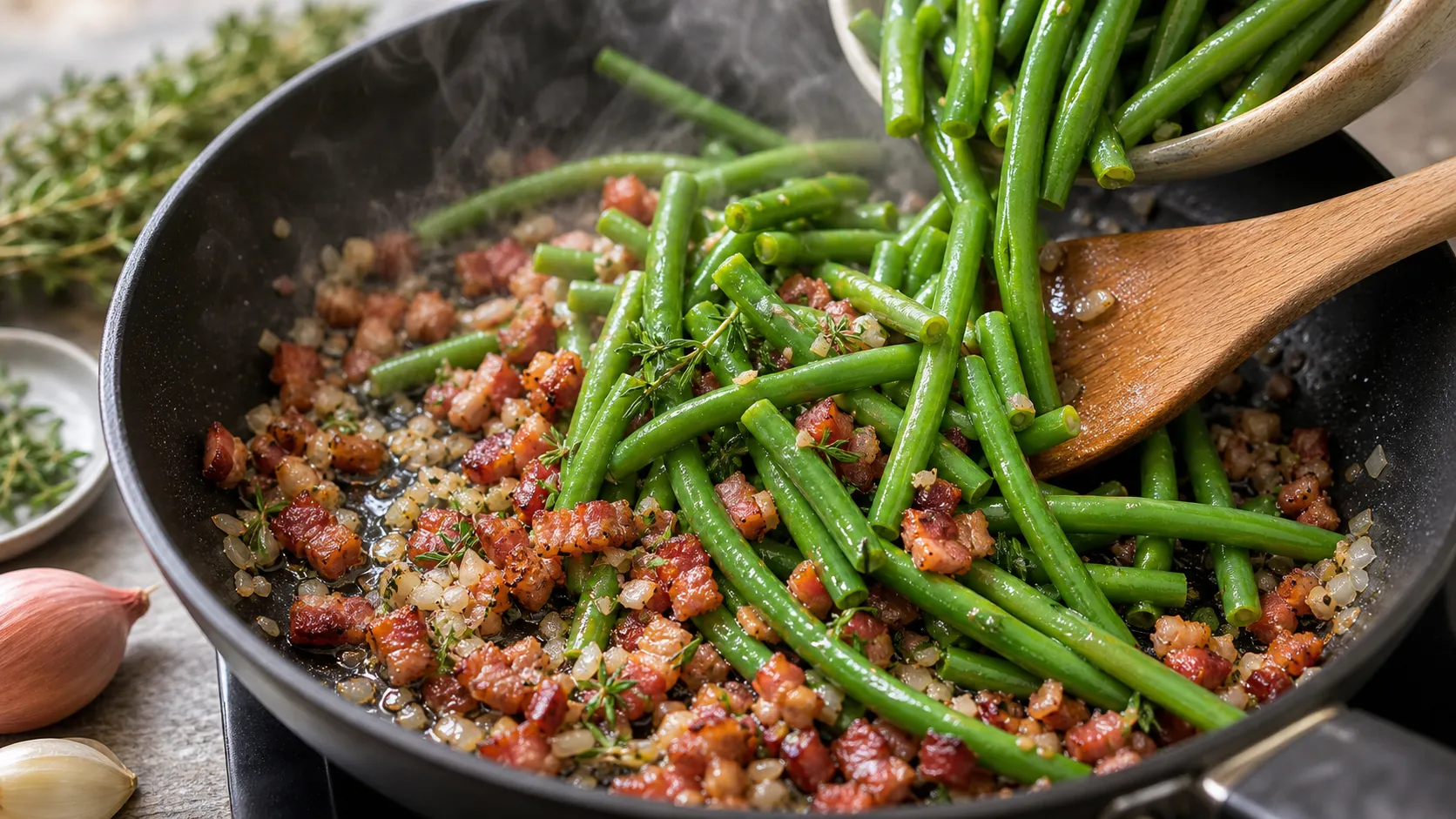 Blanched green beans tossed with crispy bacon, shallot and butter in a skillet