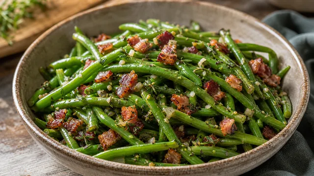 Keto green beans with crispy diced bacon, butter and savory in a bowl