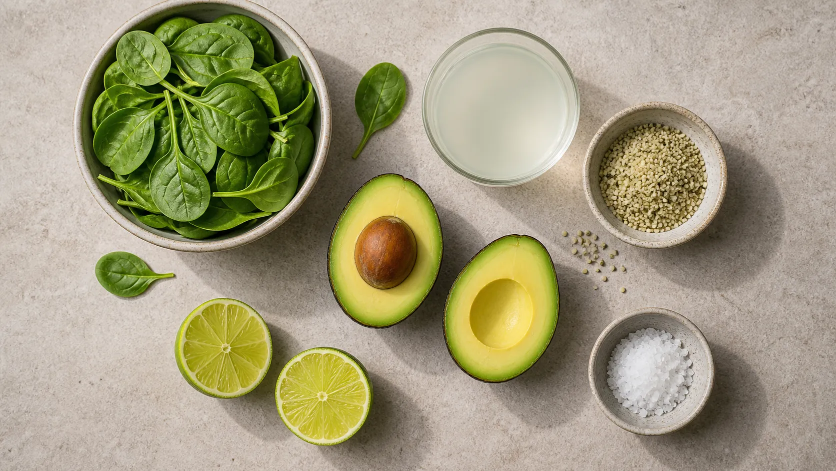 Ingredients for keto electrolyte smoothie: ripe avocado, baby spinach, lime, coconut water, sea salt and hemp seeds