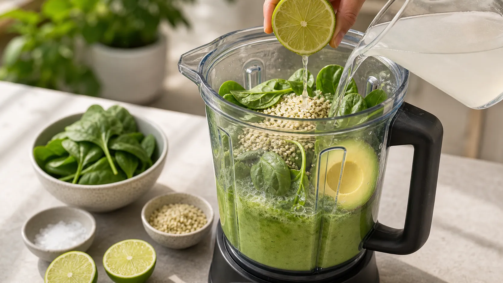 Avocado, spinach and coconut water are blended in a high-speed blender into a creamy green smoothie