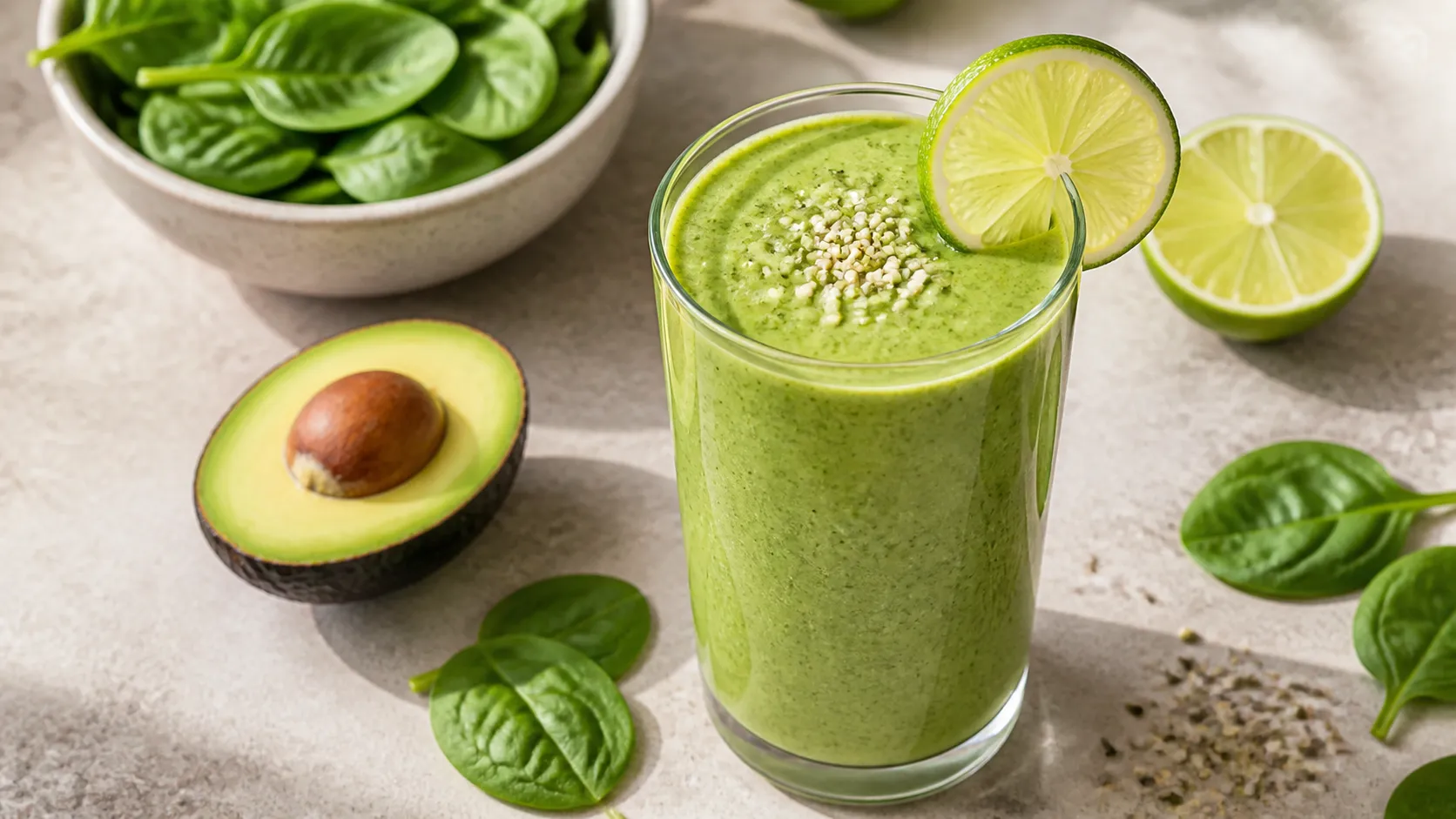 Keto green electrolyte smoothie in a tall glass with a creamy avocado base, fresh spinach and a lime slice as garnish