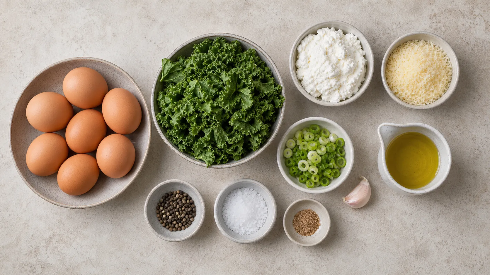 Ingredients for Keto Kale-Parmesan Frittata: 53 g Protein - Breakfast from the Oven: 6 eggs (medium), 100 g fresh kale (stems removed, chopped), 50 g ricotta (whole milk), 30 g parmesan (grated), 30 g spring onions (sliced into rings), 15 ml olive oil